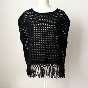 Elie Tahari Women's Black Crochet Open Knit Sweater XS/S Fringe Boho Whimsigoth
